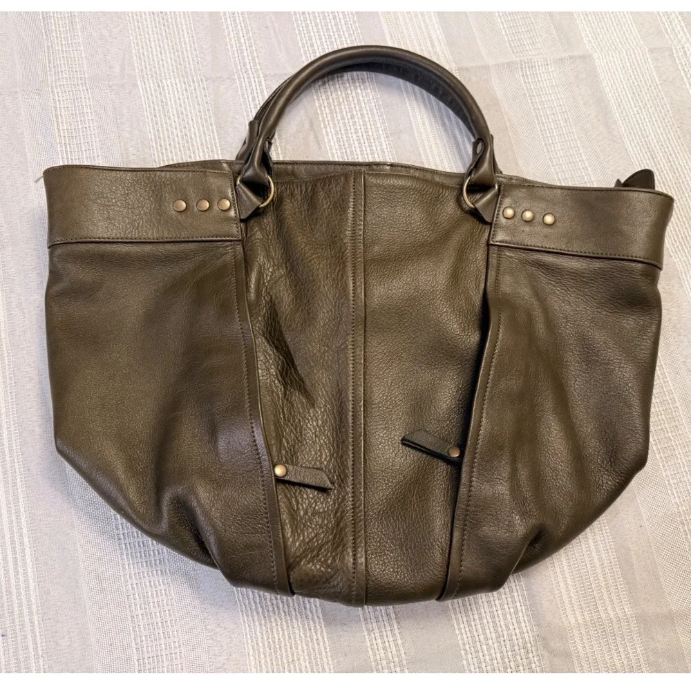 Eileen Fisher Olive Green Leather Tote Bag Hobo Handbag Brass Hardware